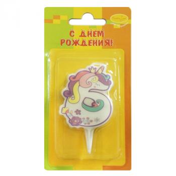 Свеча-цифра 6, единорог 5 см