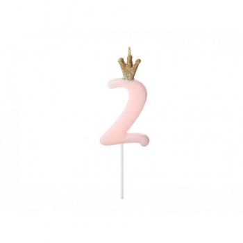 Свеча-цифра "2" розовая с короной, 9,5см